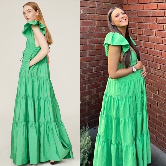 ALC Flutter Short Sleeve V-Neck Empire Waist Front Tie Ruffle Tier Maxi Gown 6 - Picture 10 of 16